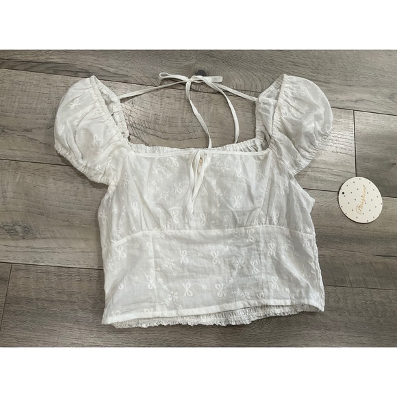 Passport Tops - Passport Women White Eyelet Bow Embroidered Puff Sleeve Crop Top Large NEW